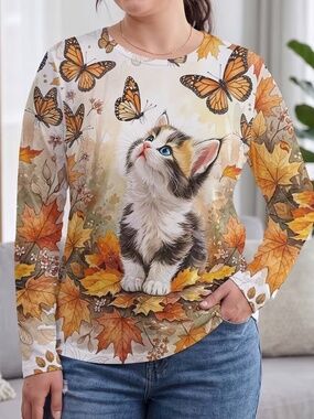 Calico Kitten Long Sleeve Top - 3XL - Monarch Butterflies - Autumn Leaves